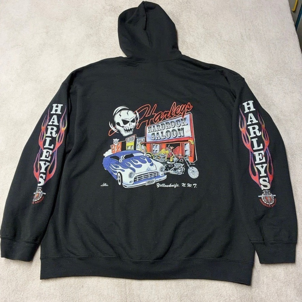 Harley's Hardrock Saloon Hoodie Flame Sleeves Graphic Full Zip Mens 2XL